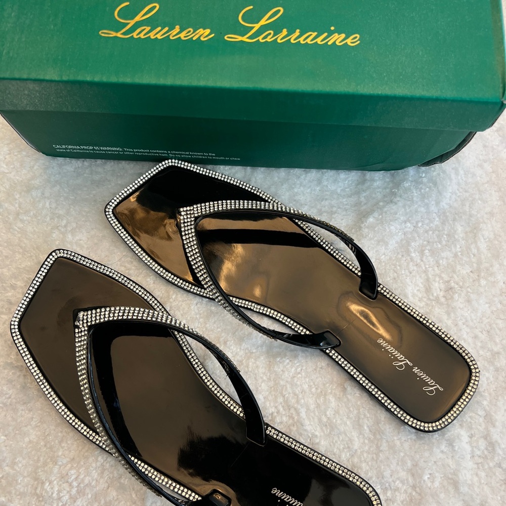 Lauren Lorraine Black Flip Flop Sandals with Diamond Sparkling Trim
